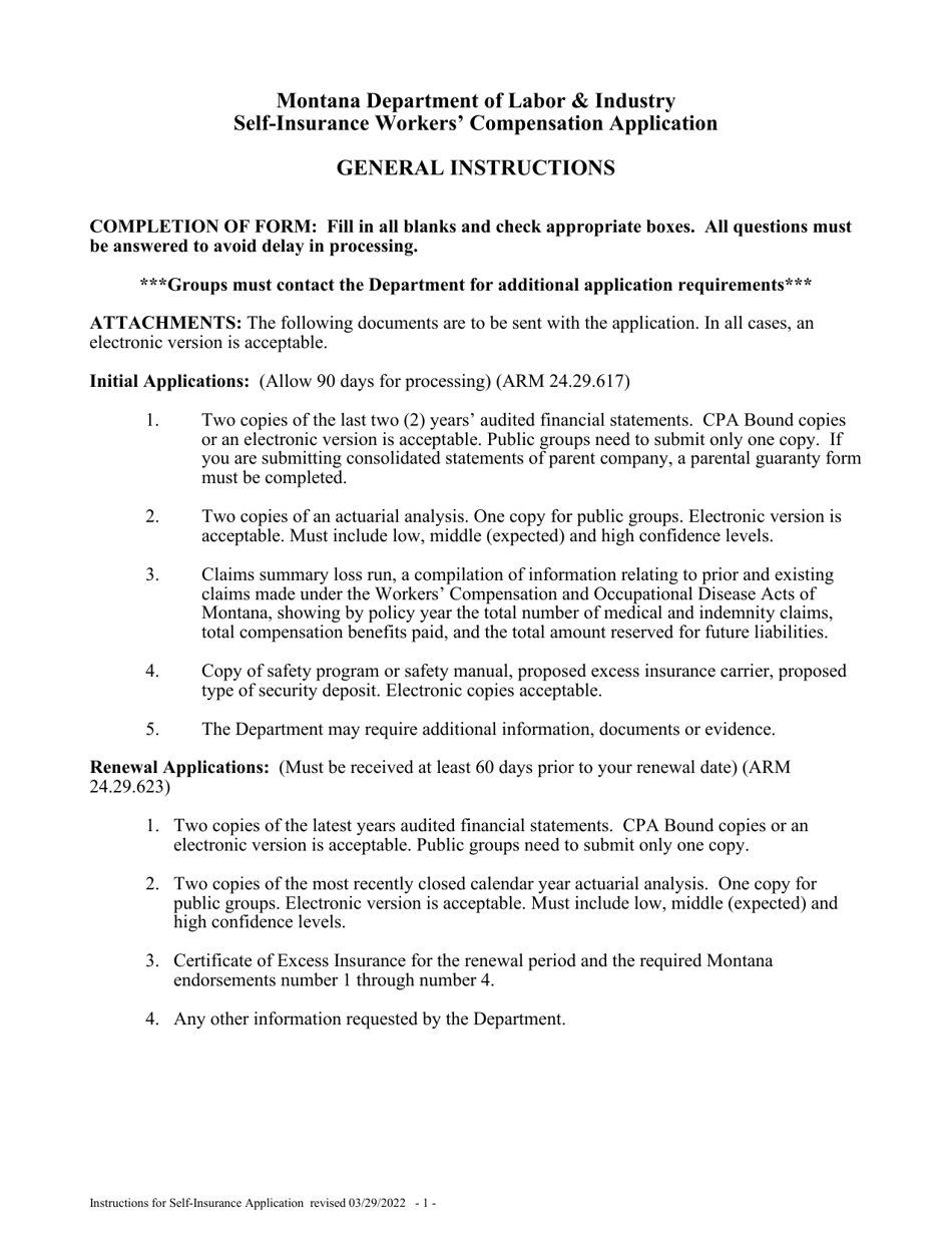 Instructions for Workers Compensation Self-insurance Application - Montana, Page 1