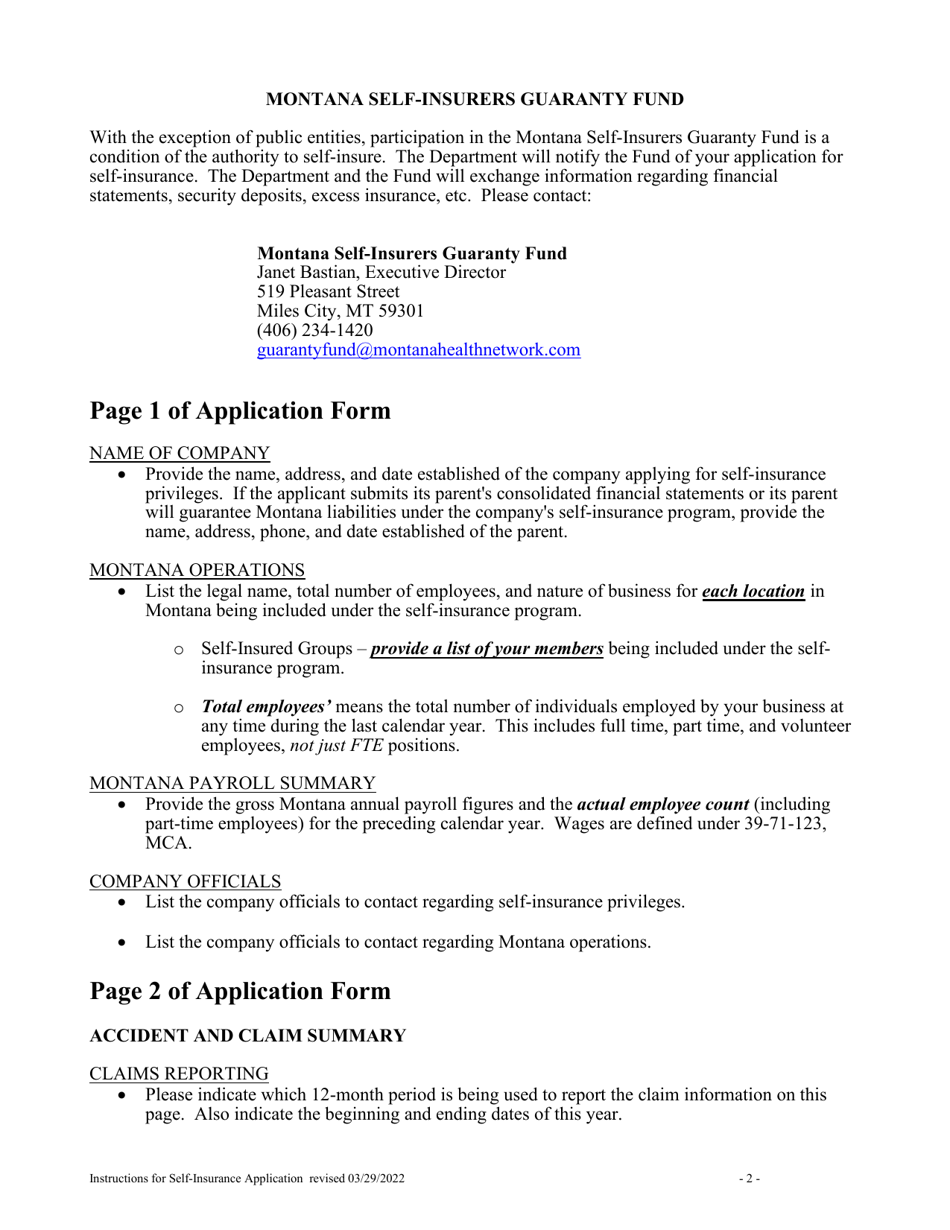 Instructions for Workers Compensation Self-insurance Application - Montana, Page 2