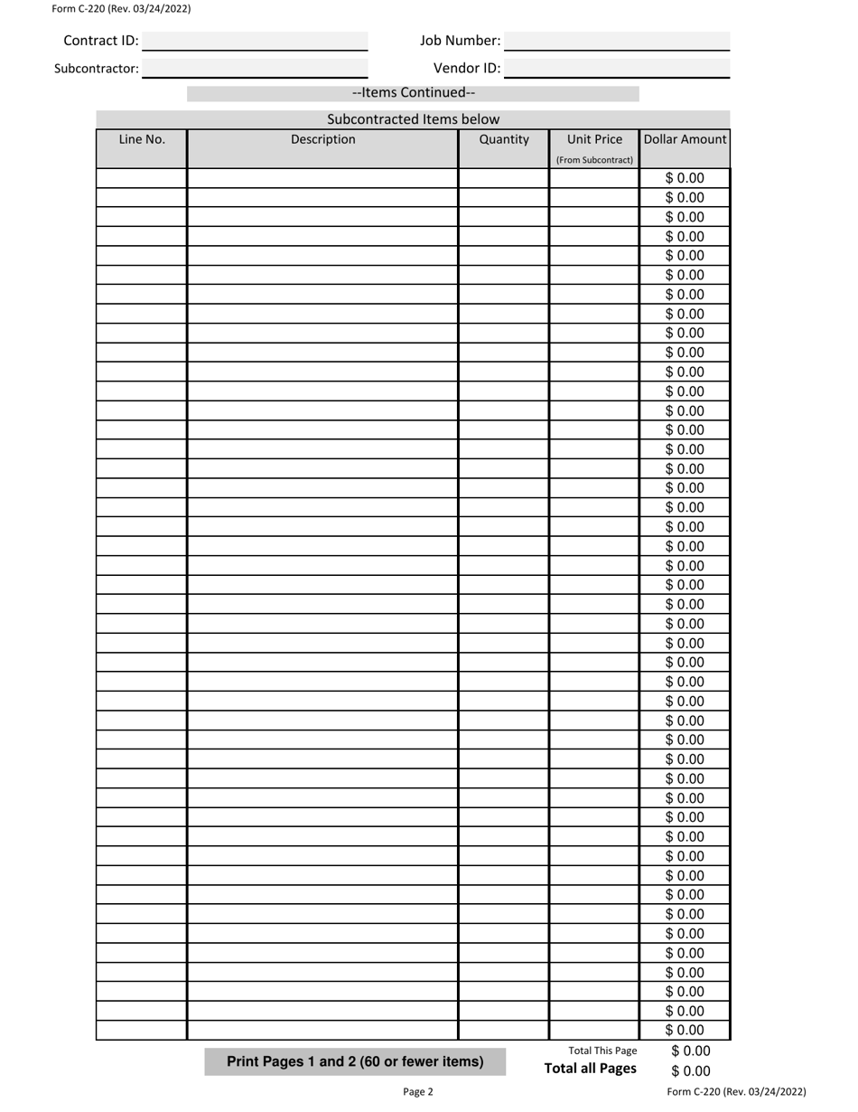 Form C-220 Request to Subcontract Work - Missouri, Page 3