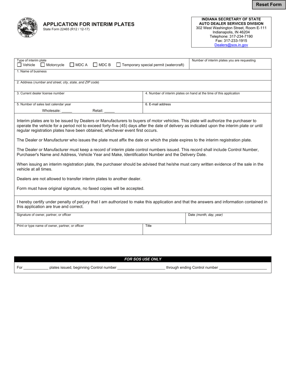State Form 22465 Application for Interim Plates - Indiana, Page 1