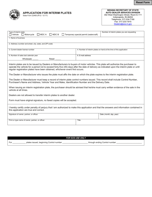State Form 22465 Application for Interim Plates - Indiana