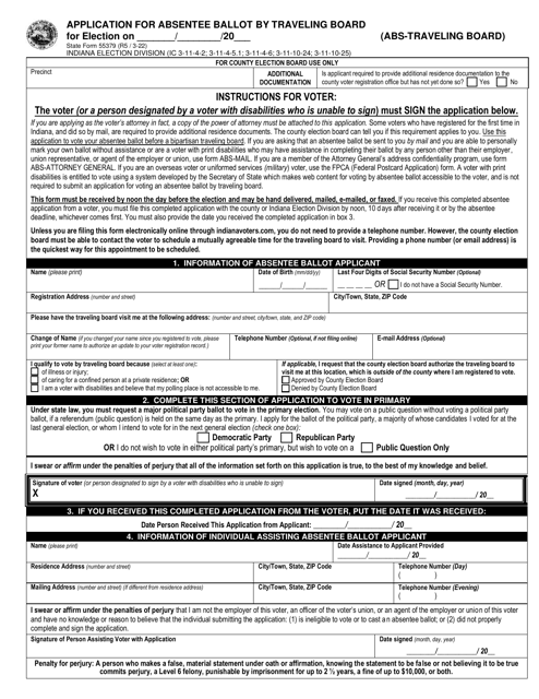 Form ABS-TRAVELING BOARD (State Form 55379) Application for Absentee Ballot by Traveling Board - Indiana