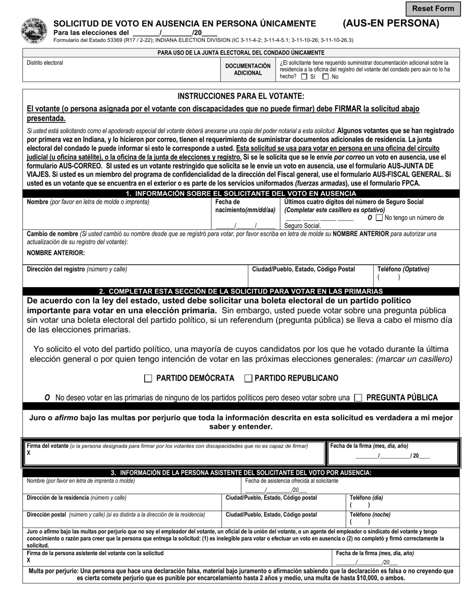 Formulario AUS-EN PERSONA (State Formulario 53369) Solicitud De Voto En Ausencia En Persona Unicamente - Indiana (Spanish), Page 1