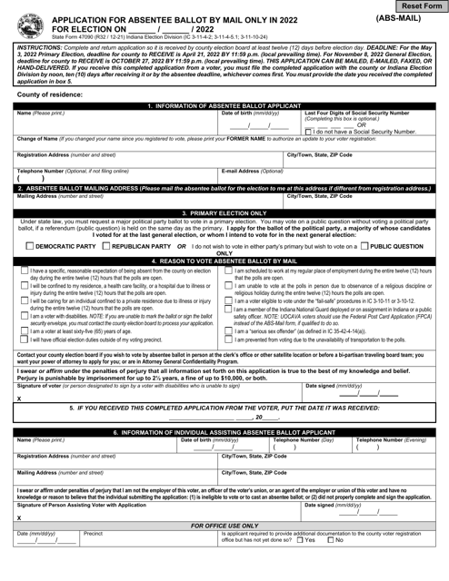 Form ABS-MAIL Application for Absentee Ballot by Mail Only - Indiana, 2022