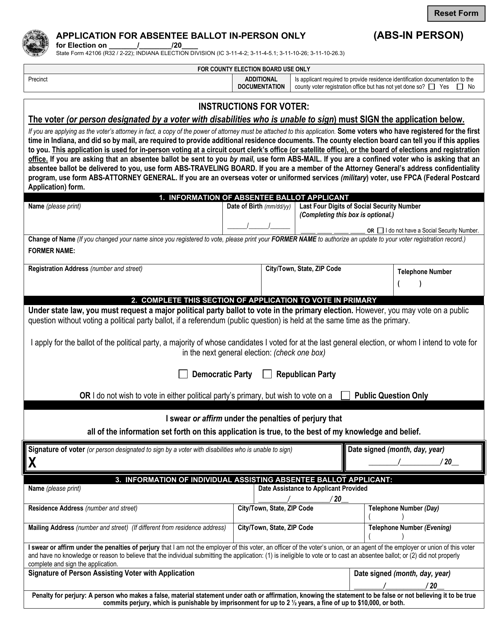 Form ABS-IN PERSON (State Form 42106) Application for Absentee Ballot in-Person Only - Indiana