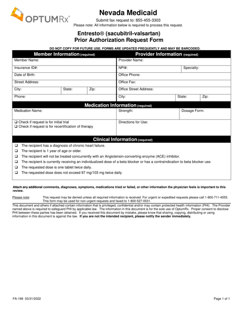 Form FA-199 Entresto (Sacubitril-Valsartan) Prior Authorization Request Form - Nevada