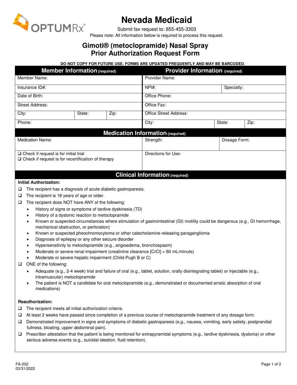 Form FA-202 Gimoti (Metoclopramide) Nasal Spray Prior Authorization Request Form - Nevada, Page 1