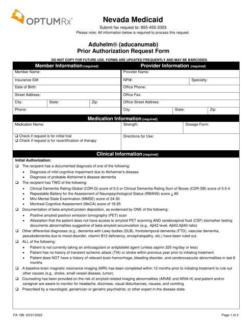 Form FA-198 Aduhelm (Aducanumab) Prior Authorization Request Form - Nevada