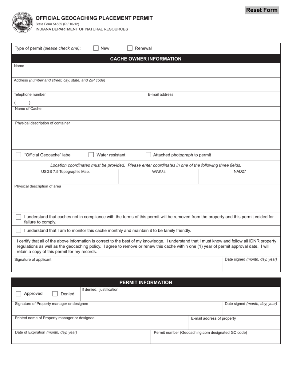 State Form 54539 Official Geocaching Placement Permit - Indiana, Page 1
