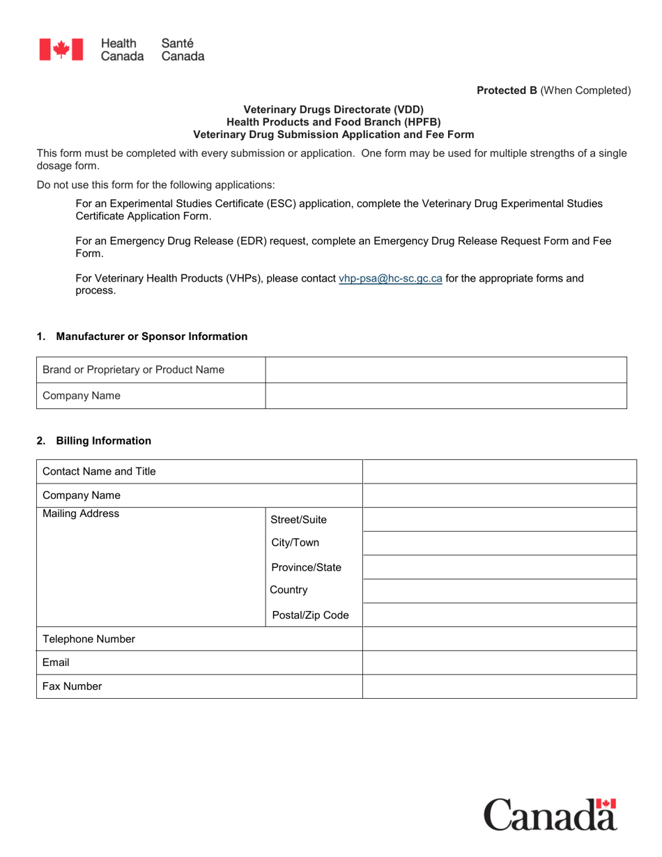 Canada Veterinary Drug Submission Application and Fee Form Fill Out