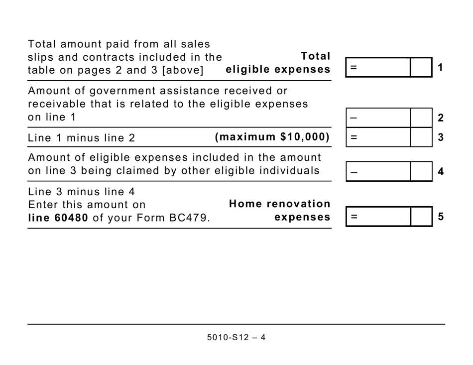 Form 5010-S12 Schedule BC(S12) British Columbia Home Renovation Tax Credit for Seniors and Persons With Disabilities - Large Print - Canada, Page 4