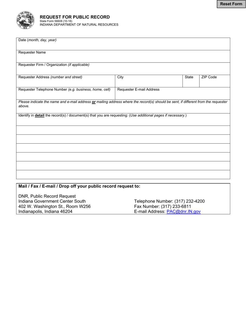 State Form 56608 Request for Public Record - Indiana, Page 1
