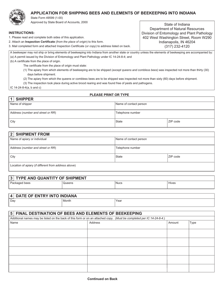 State Form 49599 Application for Shipping Bees and Elements of Beekeeping Into Indiana - Indiana, Page 1