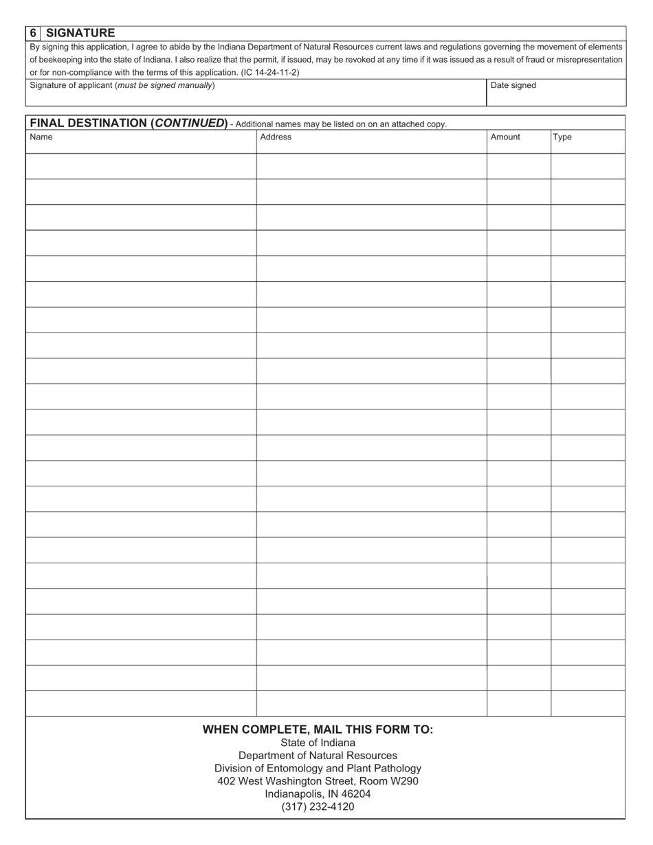 State Form 49599 Application for Shipping Bees and Elements of Beekeeping Into Indiana - Indiana, Page 2
