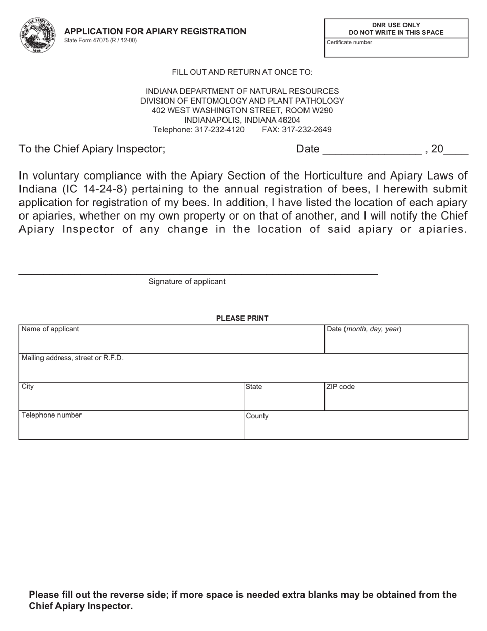 State Form 47075 Application for Apiary Registration - Indiana, Page 1