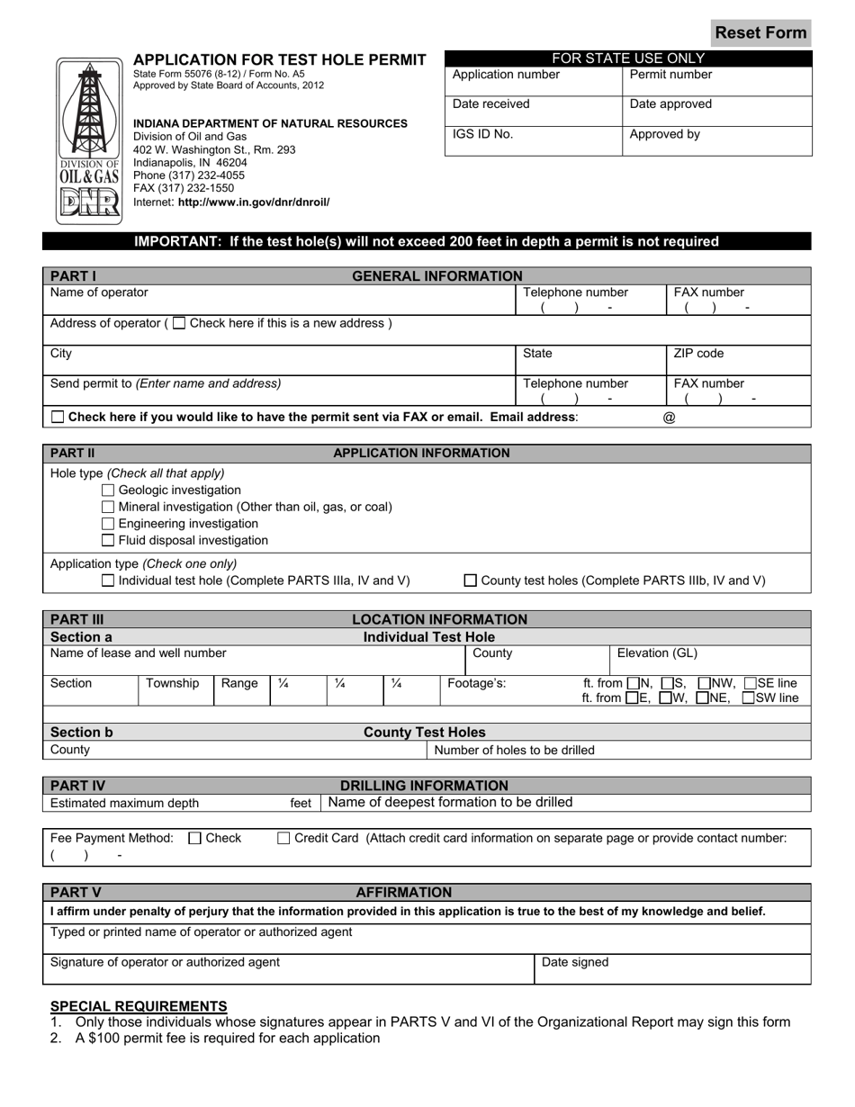 State Form 55076 (A5) Application for Test Hole Permit - Indiana, Page 1
