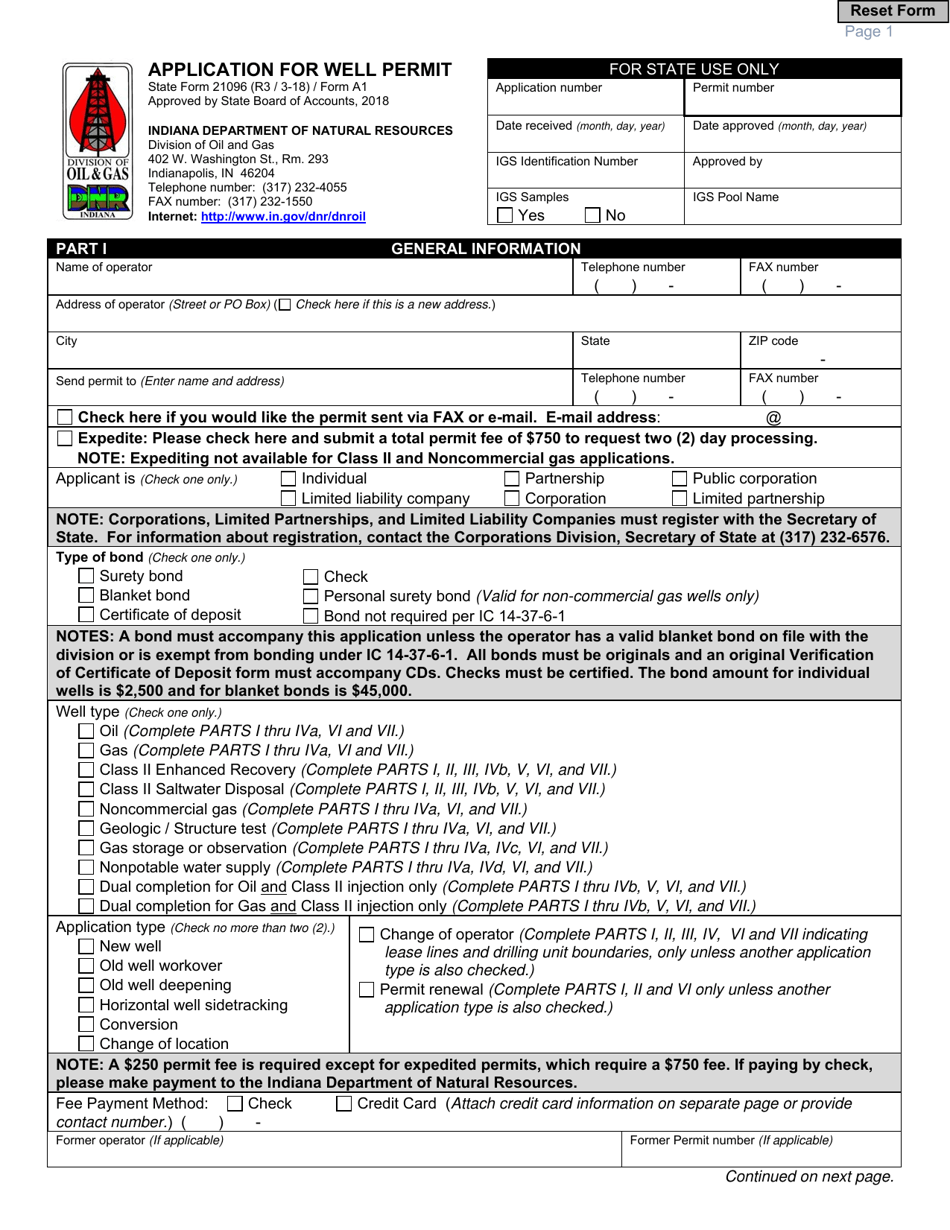 State Form 21096 (A1) Application for Well Permit - Indiana, Page 1