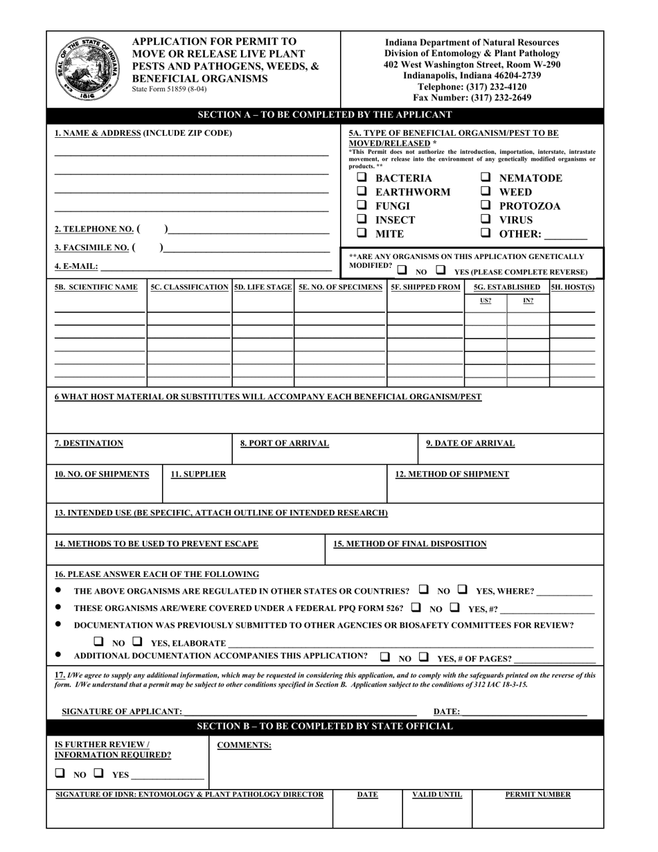 State Form 51859 Application for Permit to Move or Release Live Plant Pests and Pathogens, Weeds, and Beneficial Organisms - Indiana, Page 1