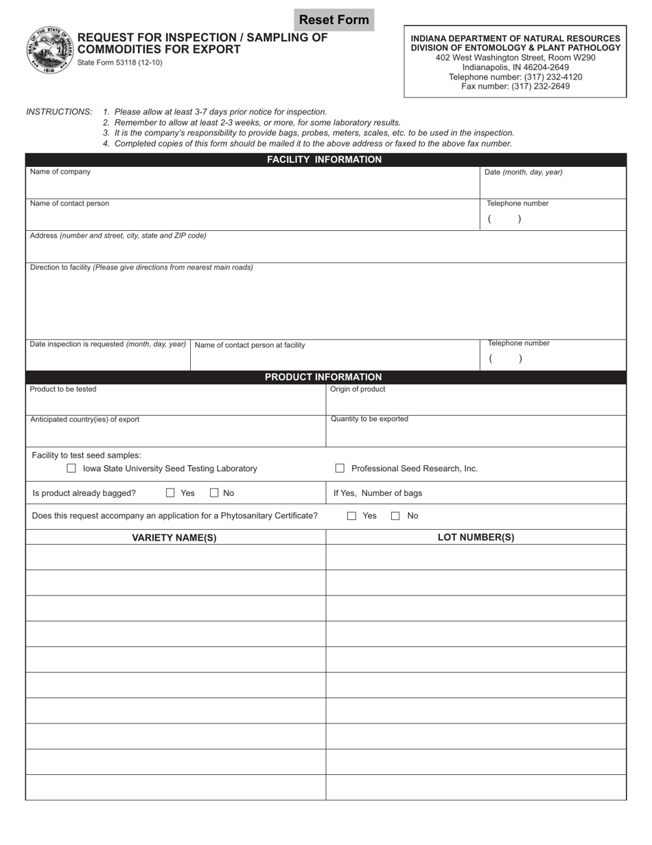 State Form 53118 Request for Inspection / Sampling of Commodities for Export - Indiana, Page 1