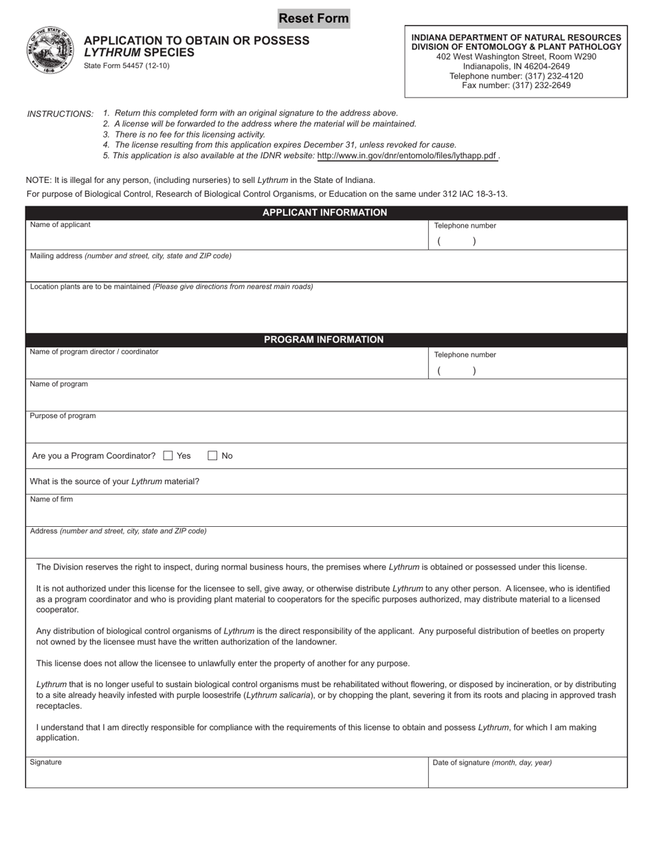 State Form 54457 Application to Obtain or Possess Lythrum Species - Indiana, Page 1