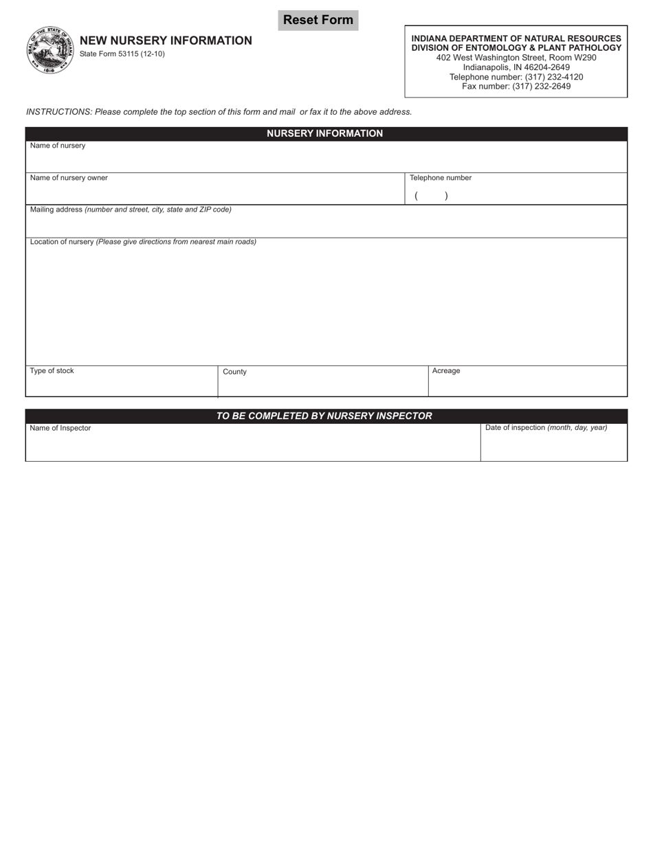 State Form 53115 New Nursery Information - Indiana, Page 1