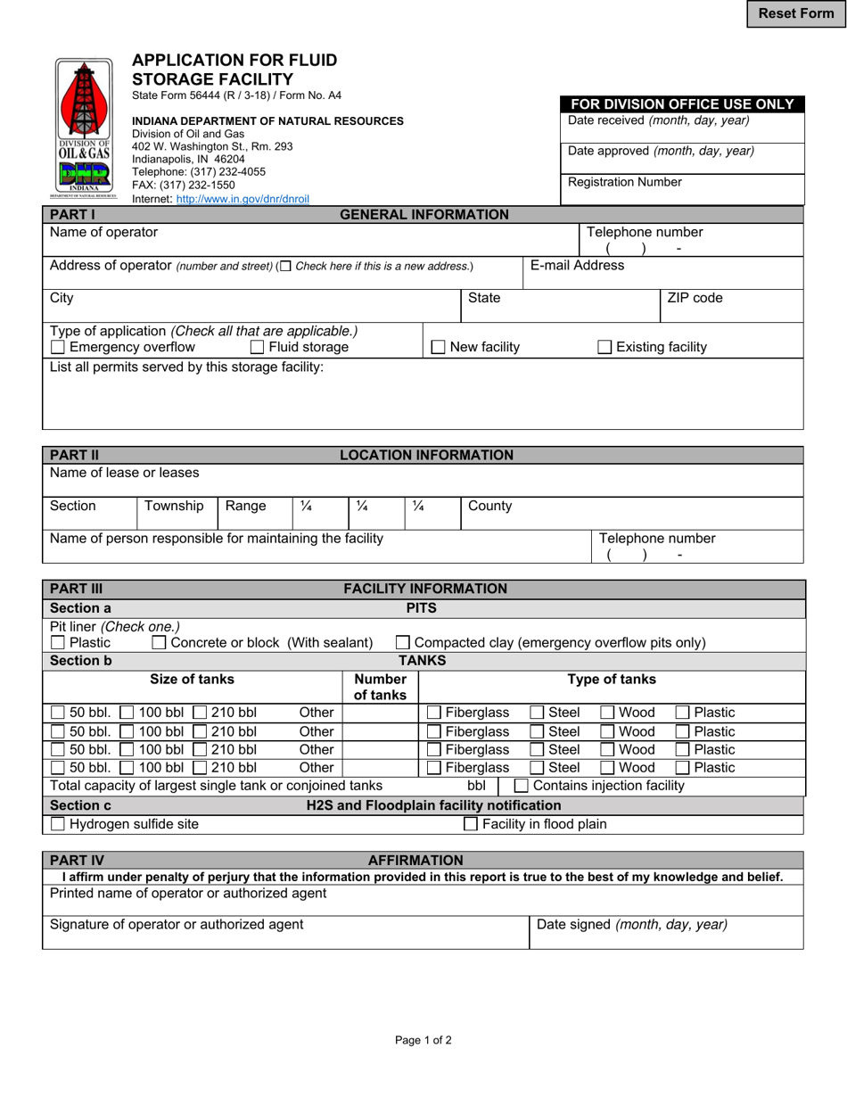 State Form 56444 (A4) Application for Fluid Storage Facility - Indiana, Page 1