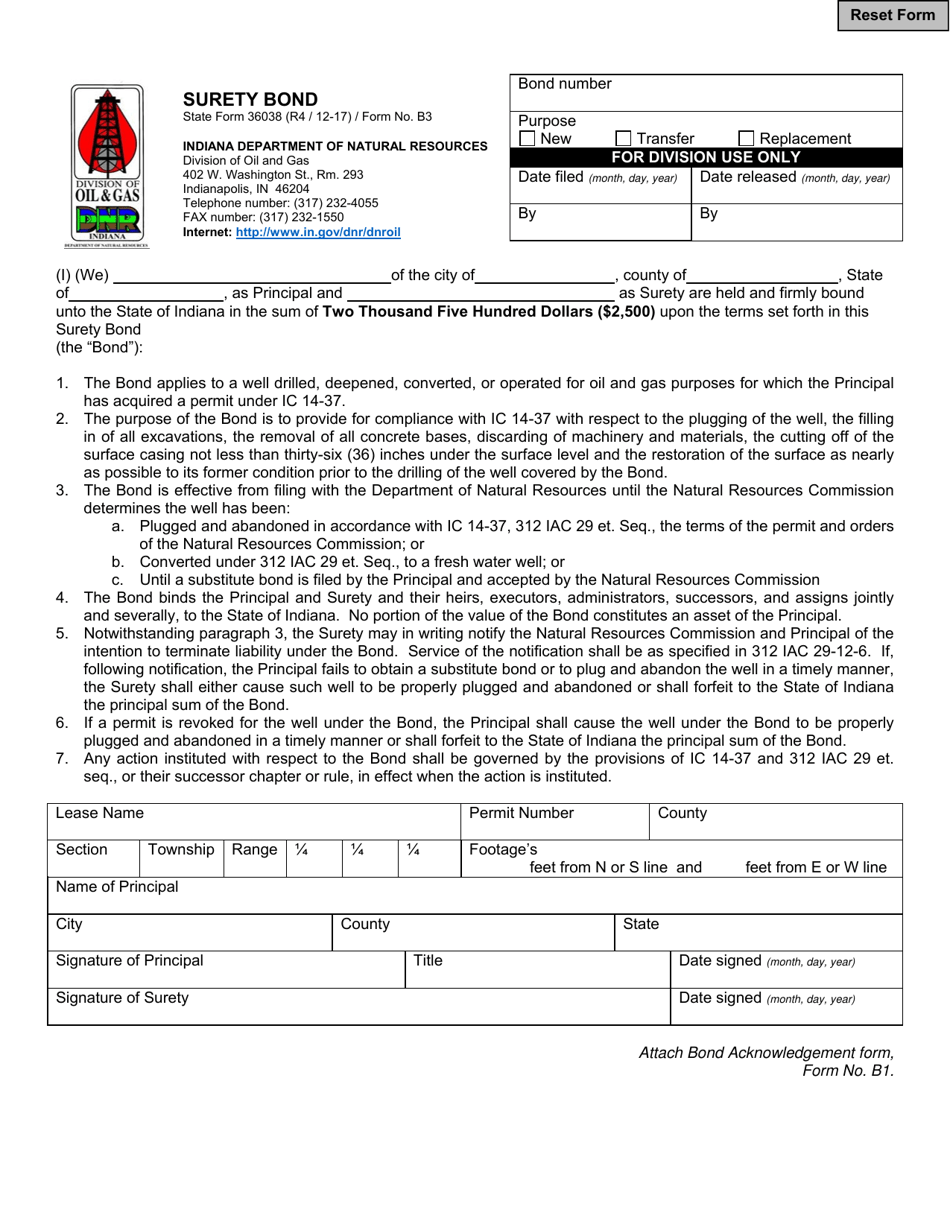 State Form 36038 (B3) Surety Bond - Indiana, Page 1