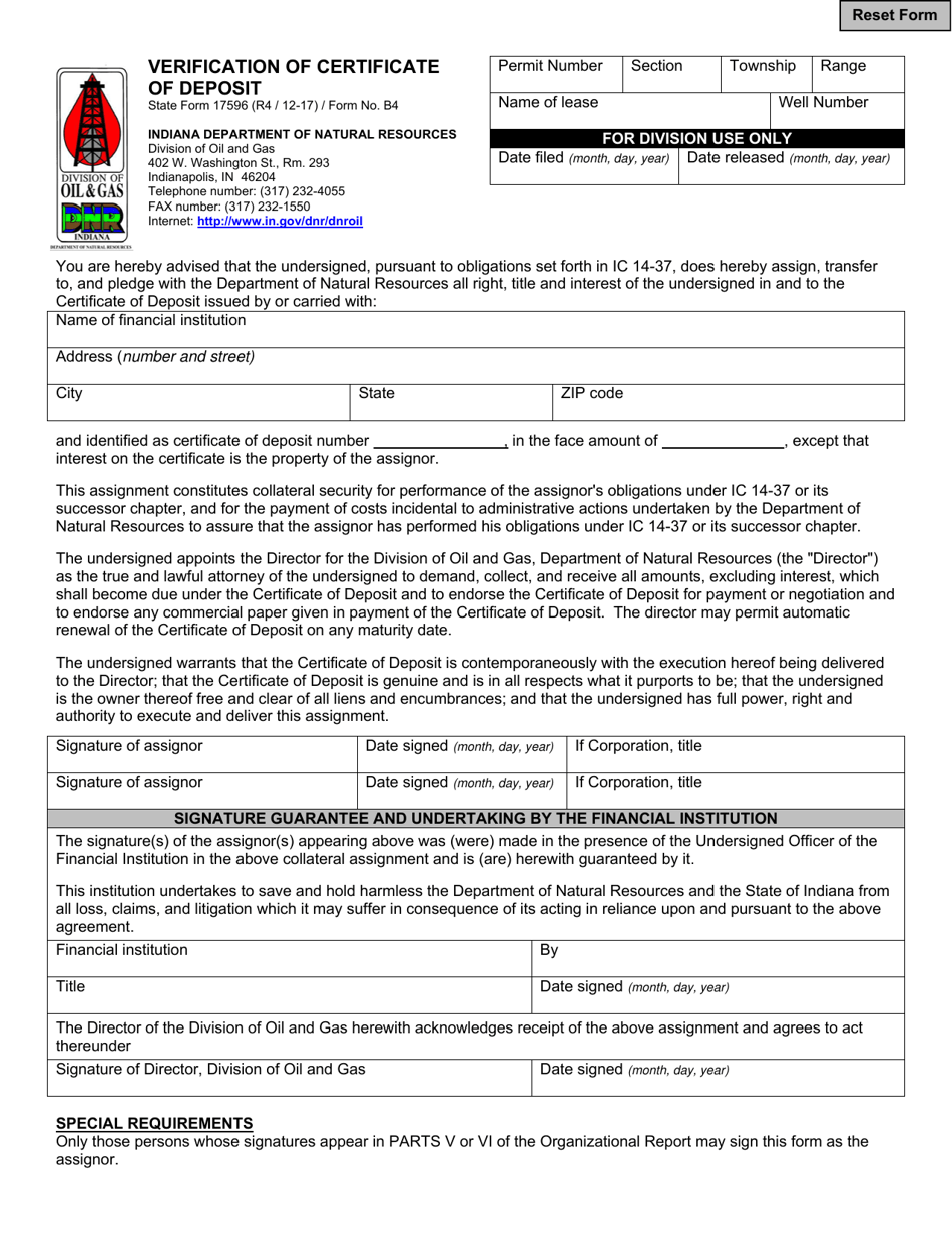 State Form 17596 (B4) Verification of Certificate of Deposit - Indiana, Page 1