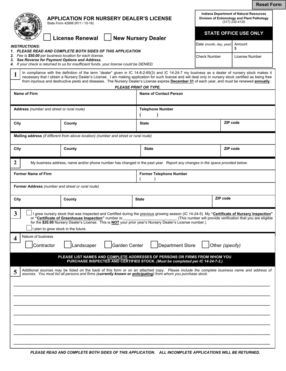 State Form 42898 Application for Nursery Dealers License - Indiana, Page 1