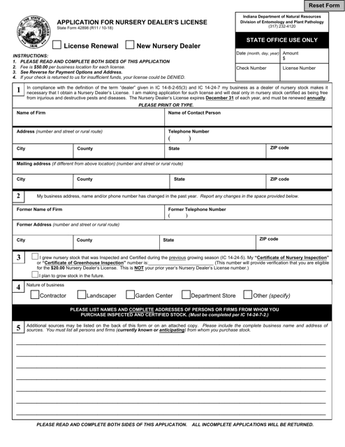 State Form 42898 Application for Nursery Dealer's License - Indiana