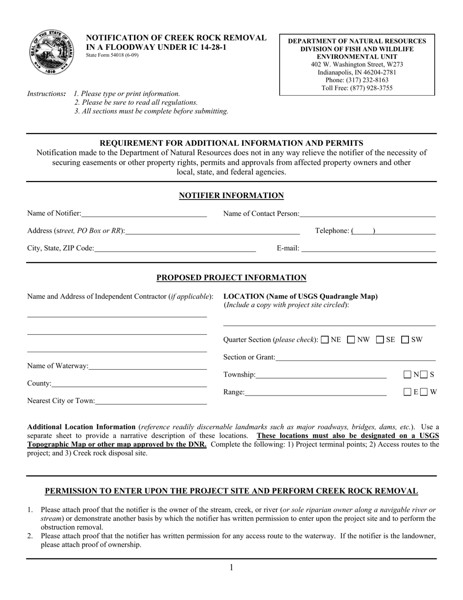 State Form 54018 Notification of Creek Rock Removal in a Floodway Under Ic 14-28-1 - Indiana, Page 1