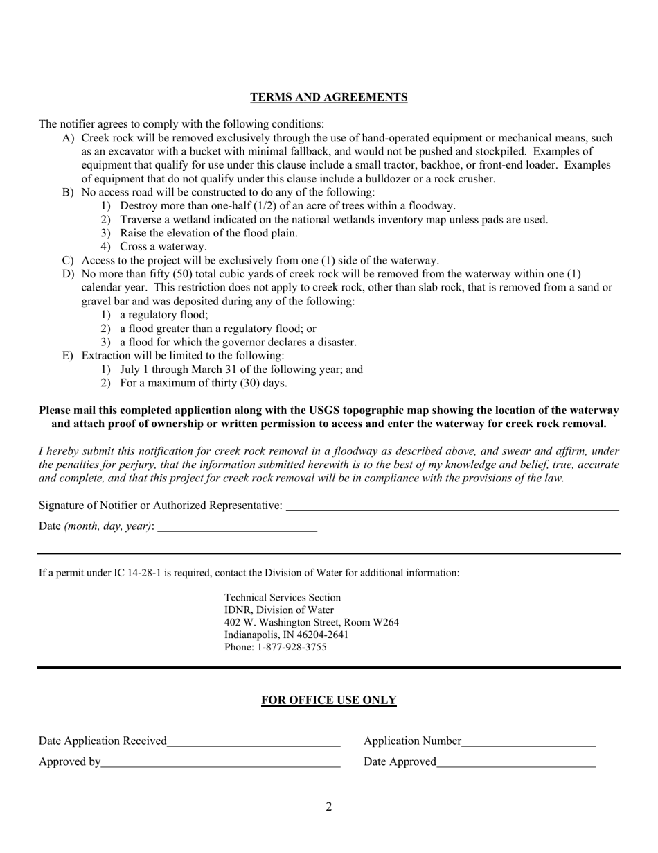 State Form 54018 Notification of Creek Rock Removal in a Floodway Under Ic 14-28-1 - Indiana, Page 2
