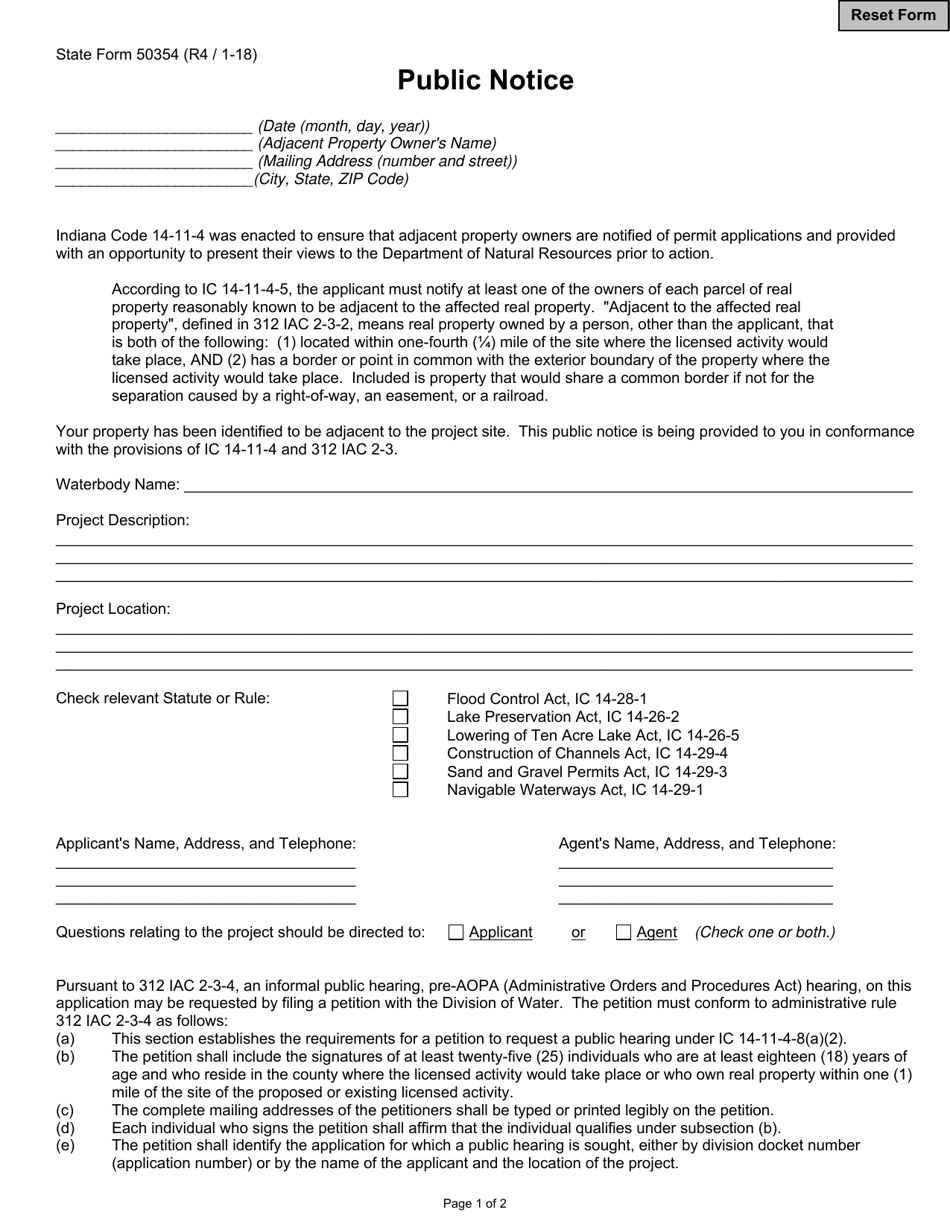 State Form 50354 Public Notice - Indiana, Page 1