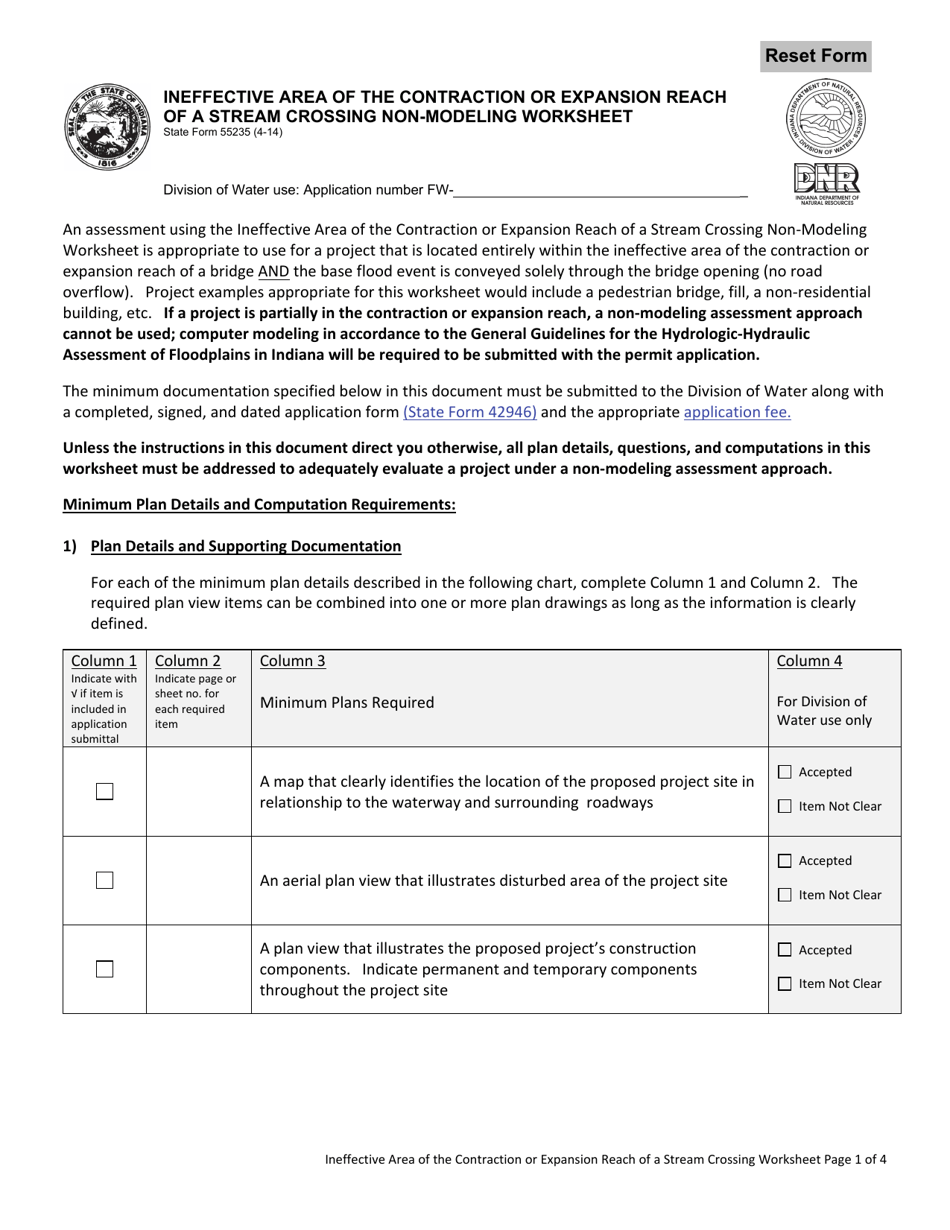 State Form 55235 Ineffective Area of the Contraction or Expansion Reach of a Stream Crossing Non-modeling Worksheet - Indiana, Page 2