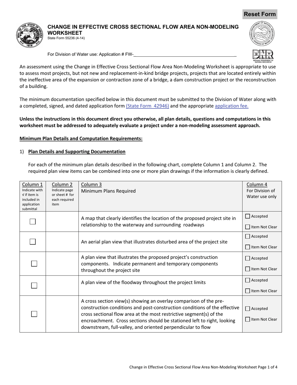 State Form 55236 Change in Effective Cross Sectional Flow Area Non-modeling Worksheet - Indiana, Page 2