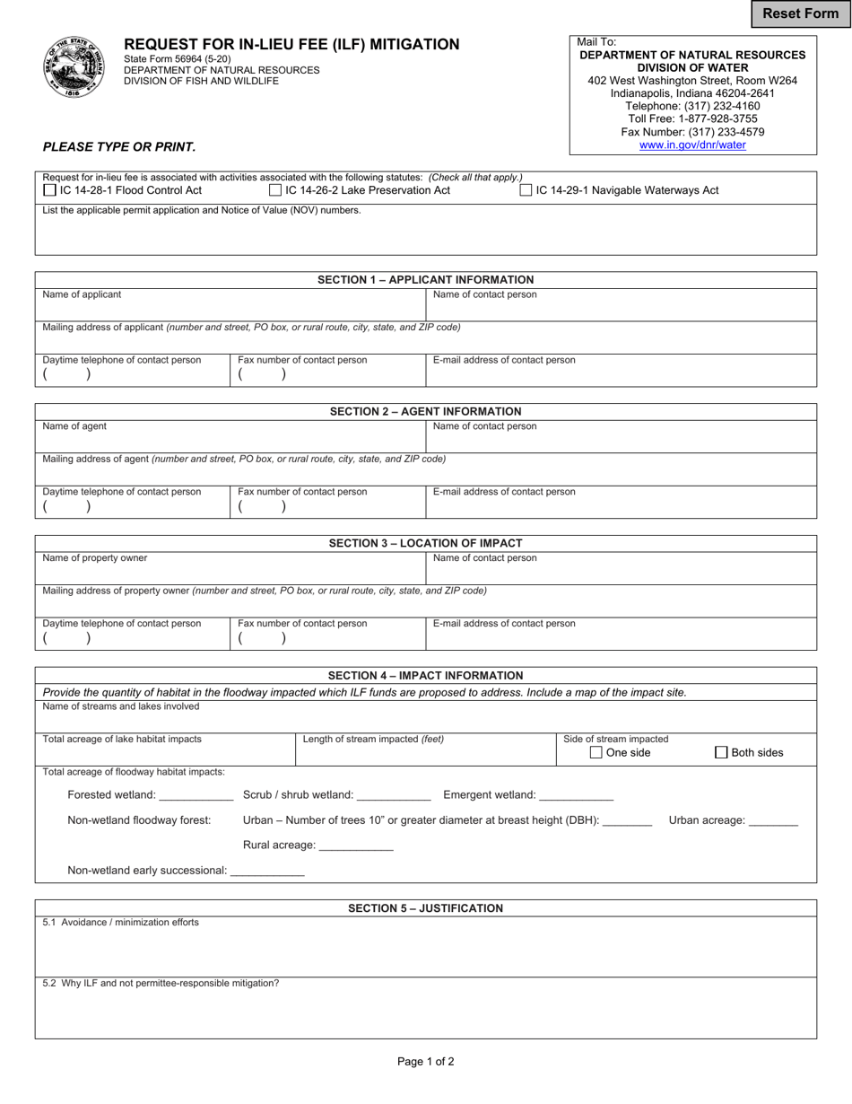 State Form 56964 Request for in-Lieu Fee (Ilf) Mitigation - Indiana, Page 1