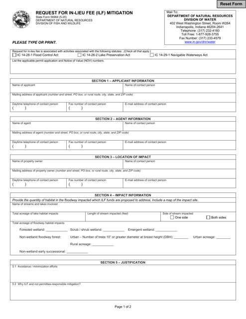 State Form 56964 Request for in-Lieu Fee (Ilf) Mitigation - Indiana