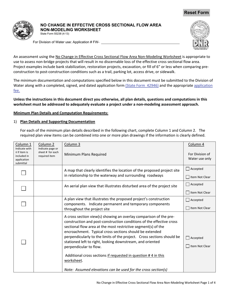 State Form 55238 No Change in Effective Cross Sectional Flow Area Non-modeling Worksheet - Indiana, Page 2