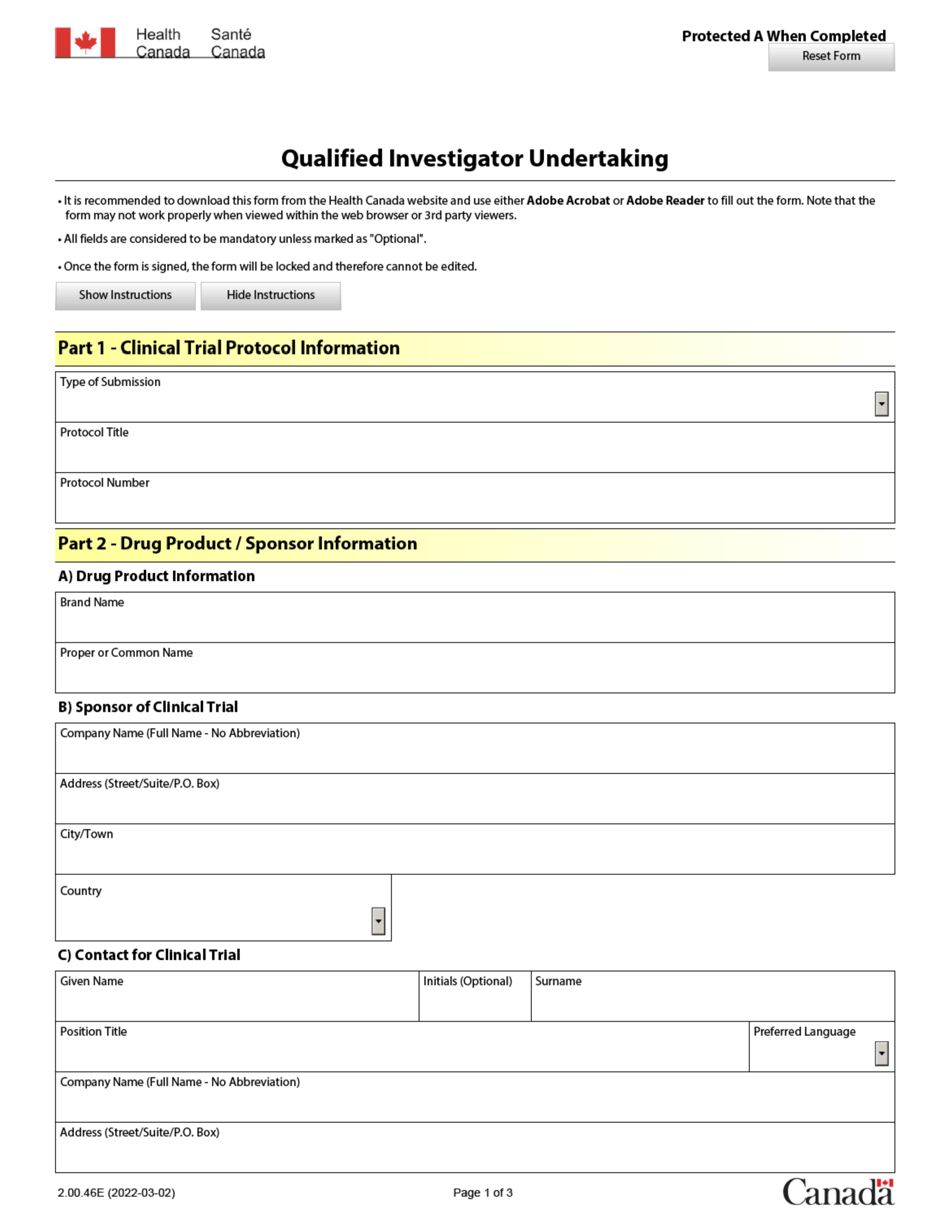 Form 2.00.46E Qualified Investigator Undertaking - Canada, Page 1