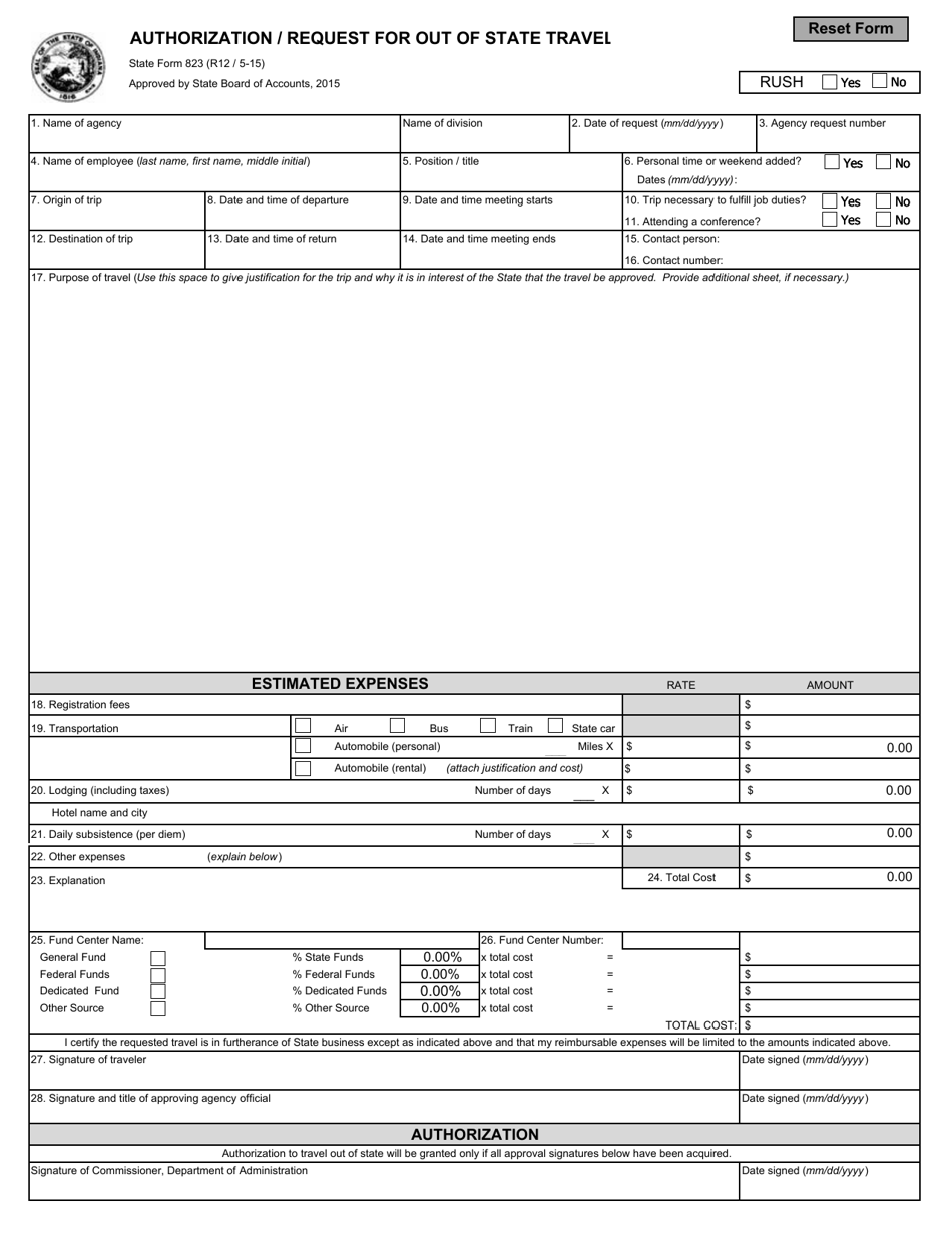 State Form 823 Authorization / Request for out of State Travel - Indiana, Page 1