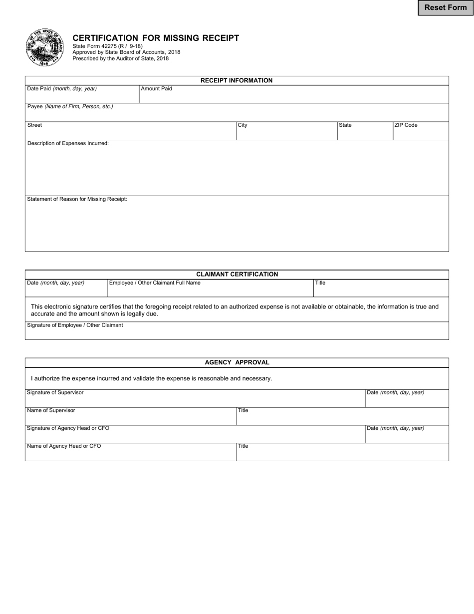 State Form 42275 Certification for Missing Receipt - Indiana, Page 1