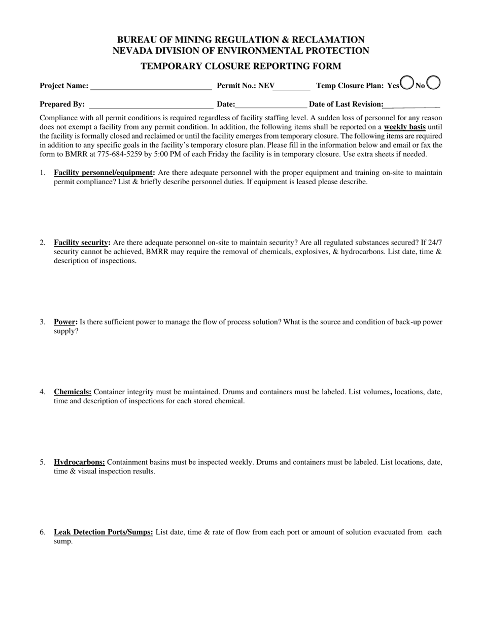 Temporary Closure Reporting Form - Nevada, Page 1