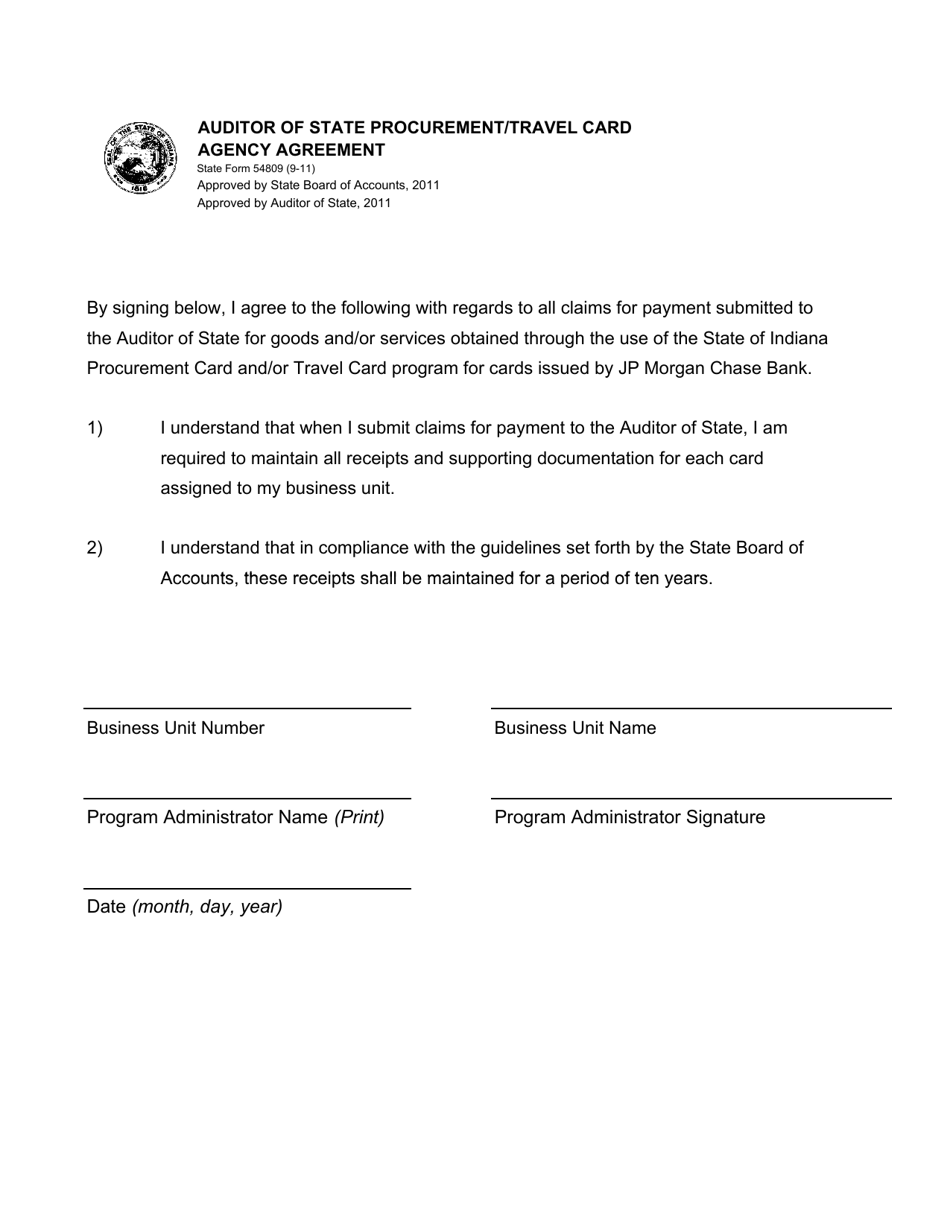 State Form 54809 Auditor of State Procurement / Travel Card Agency Agreement - Indiana, Page 1