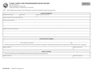 Document preview: State Form 53879 P-Card/Travel Card Program Missing Receipt Record - Indiana