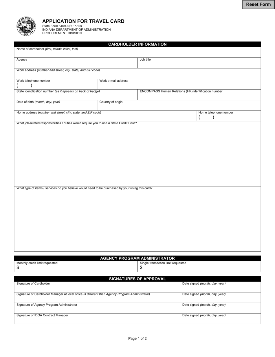 State Form 54699 Travel Card Cardholder Agreement and Application - Indiana, Page 1