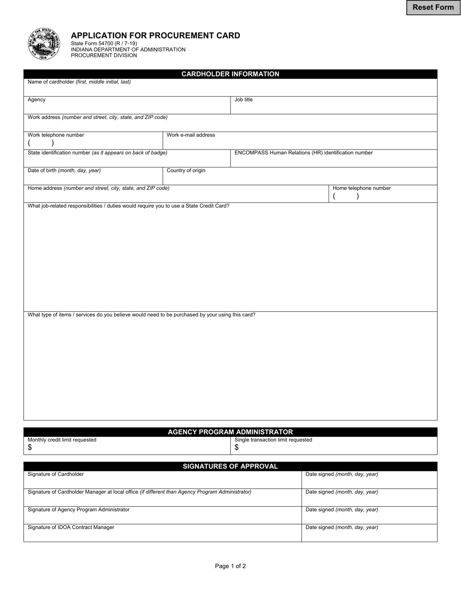 State Form 54700 Application for Procurement Card - Indiana, Page 1