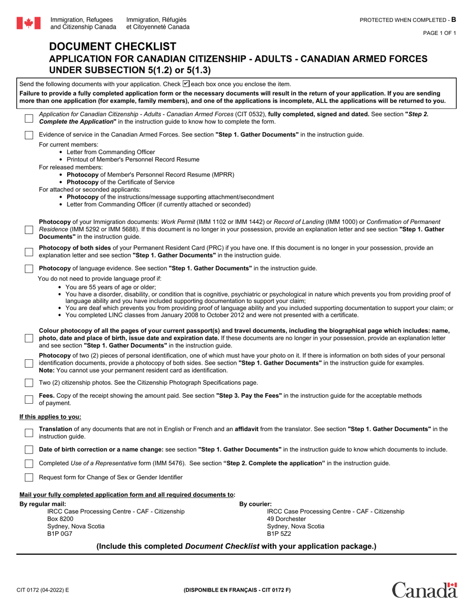 Form CIT0172 Document Checklist - Application for Canadian Citizenship - Adults - Canadian Armed Forces Under Subsection 5(1.2) or 5(1.3) - Canada, Page 1
