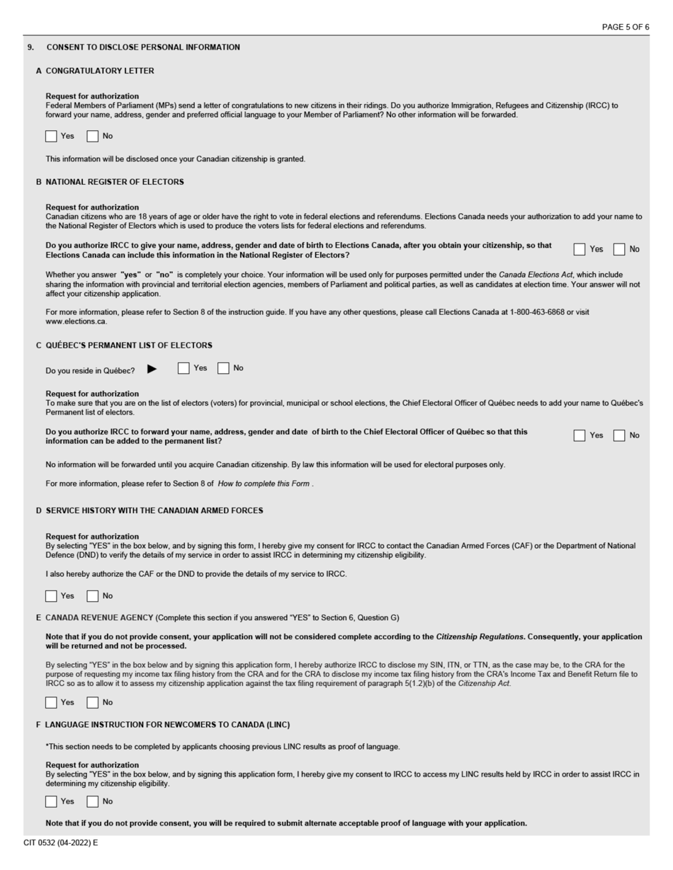 Form CIT0532 Application for Canadian Citizenship - Adults - Canadian Armed Forces Under Subsection 5(1) - Canada, Page 5