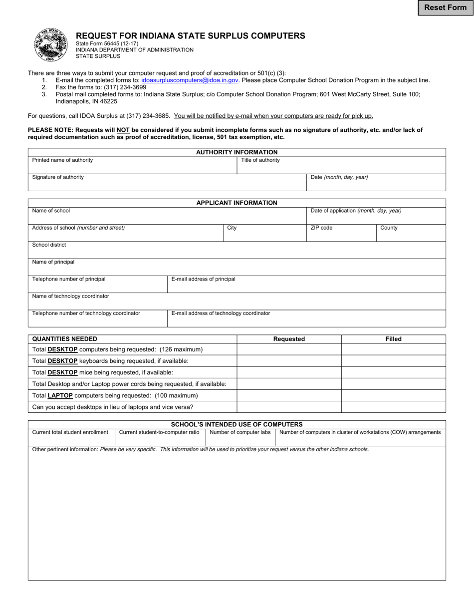State Form 56445 Request for Indiana State Surplus Computers - Indiana, Page 1