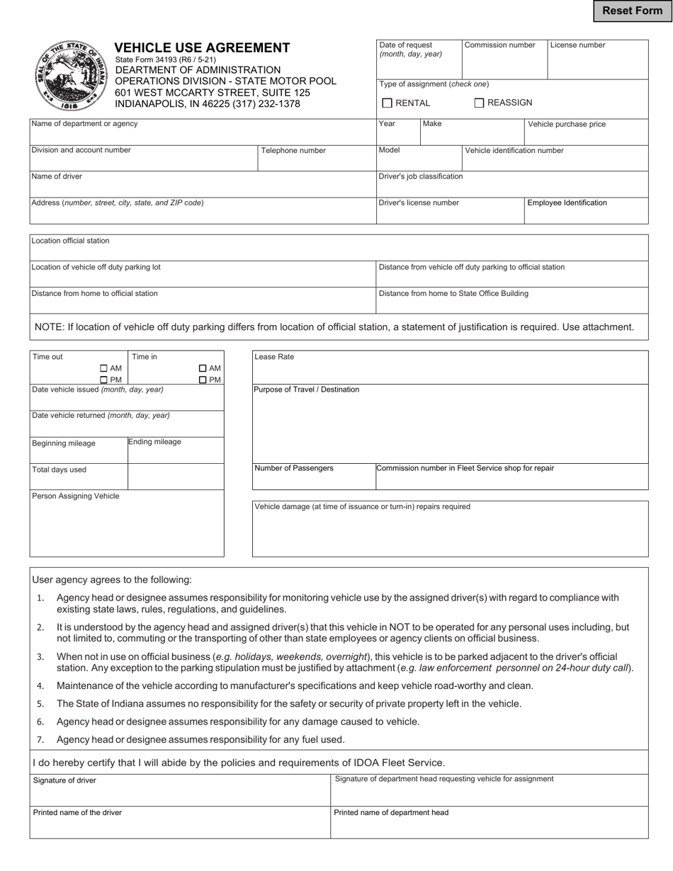State Form 34193 Vehicle Use Agreement - Indiana, Page 1
